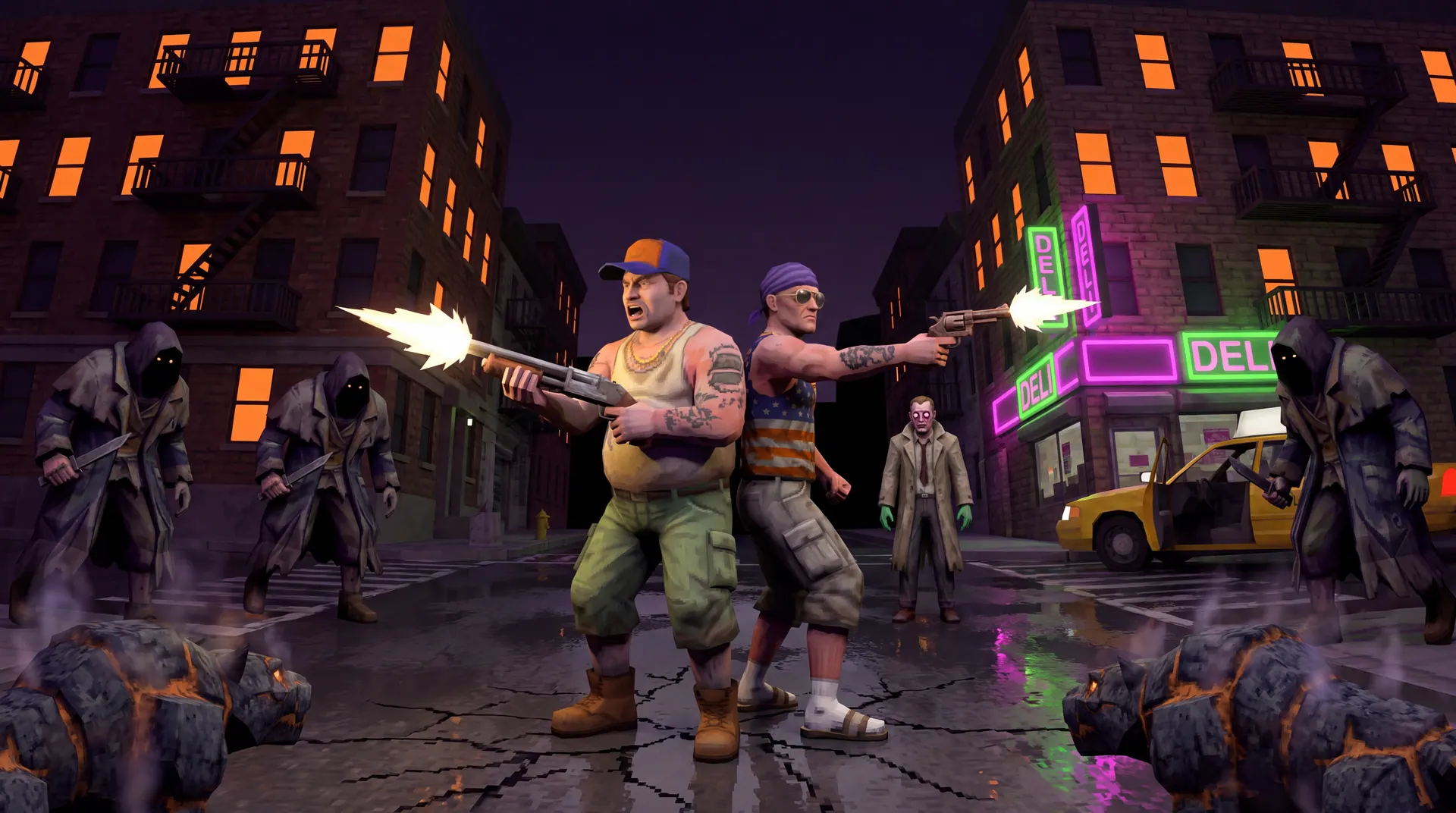 Wide key art without logo: on a wet, cracked New York street at night, the big one fires a sawed-off and the wiry one a revolver back to back, hooded drifters with knives closing from both sides, a paranoid in a trench coat staring by a DELI neon and a yellow cab, ember-cracked ash hounds in the foreground